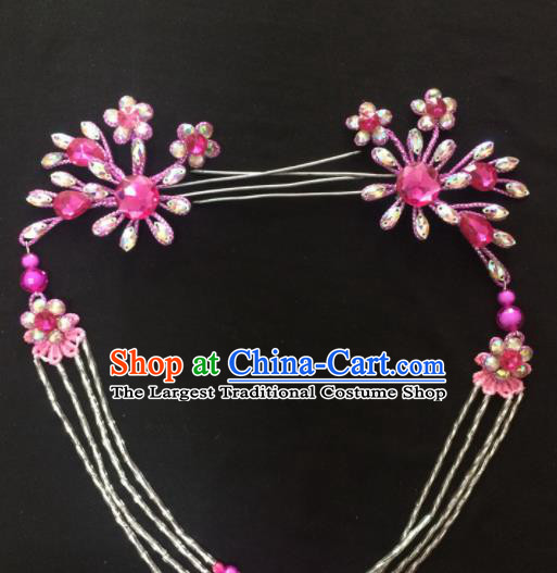 Asian Chinese Beijing Opera Hair Accessories Rosy Rhinestone Hairpins Tassel Step Shake for Women