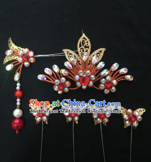 Asian Chinese Beijing Opera Hair Accessories Red Rhinestone Phoenix Hairpins Complete Set for Women