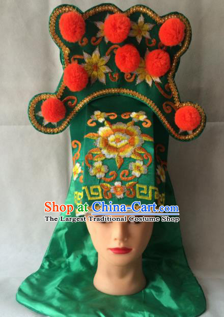 Asian Chinese Traditional Beijing Opera Takefu Headwear Ancient Warrior Green Hat for Men