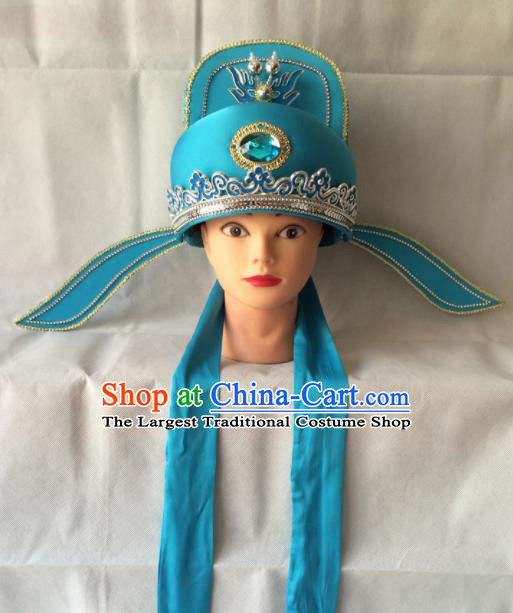 Asian Chinese Beijing Opera Niche Headwear Ancient Gifted Scholar Blue Hat for Men