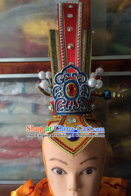 Asian Chinese Traditional Beijing Opera Headwear Ancient Royal Highness Red Hairdo Crown for Men