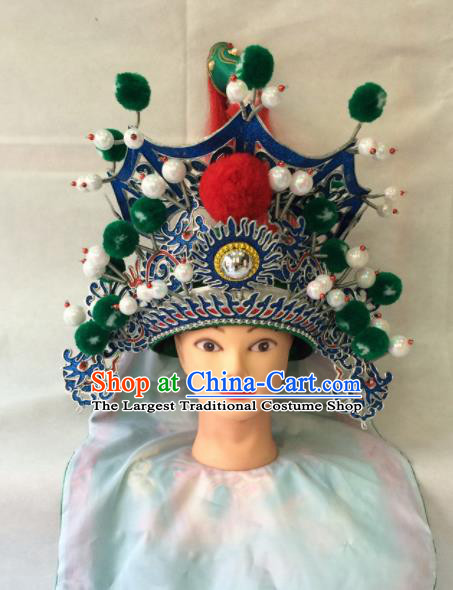 Asian Chinese Traditional Beijing Opera Takefu Headwear Ancient General Green Helmet Hat for Men