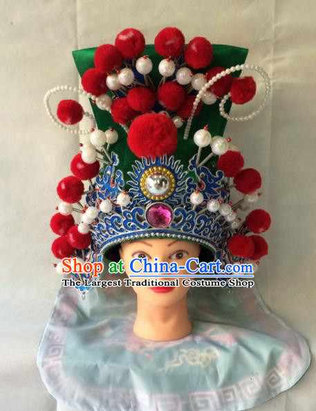 Asian Chinese Traditional Beijing Opera Helmet Headwear Ancient General Green Hat for Men