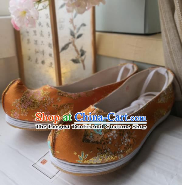 Asian Chinese Traditional Shoes Ancient Song Dynasty Orange Brocade Shoes Hanfu Shoes for Women