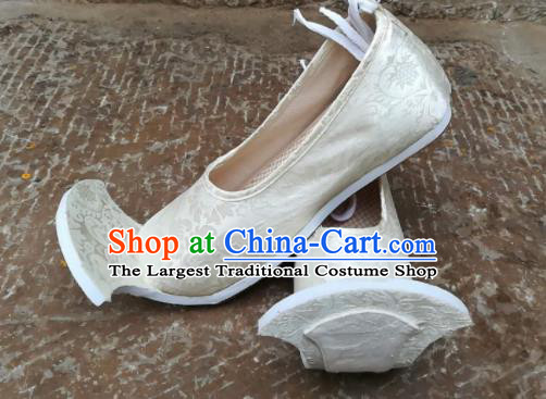 Asian Chinese Traditional Hanfu Shoes Ancient Han Dynasty White Brocade Shoes for Men