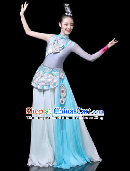 Chinese Traditional Ethnic Dance Costume Zang Nationality Dance Blue Dress for Women