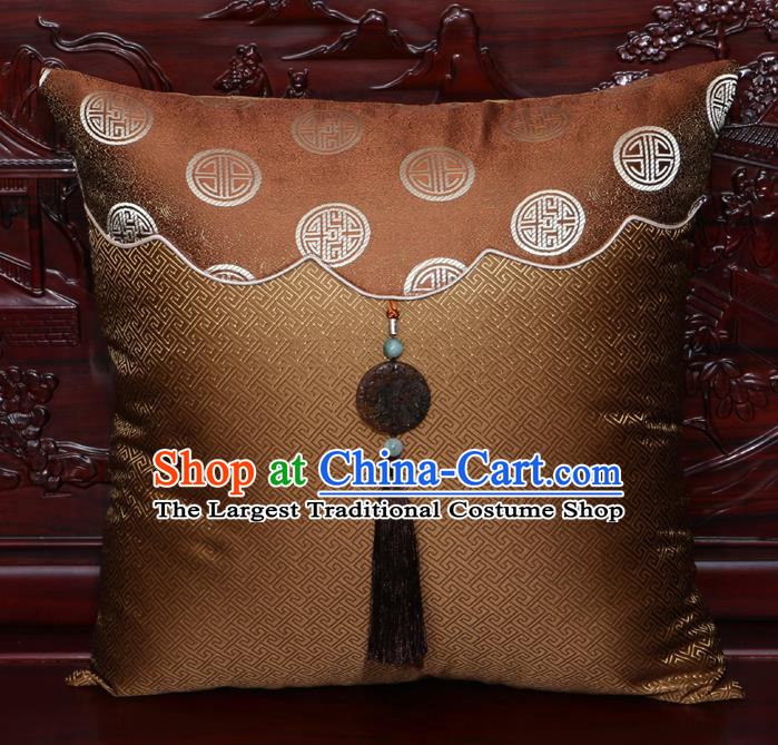 Chinese Classical Pattern Jade Pendant Brown Brocade Square Cushion Cover Traditional Household Ornament