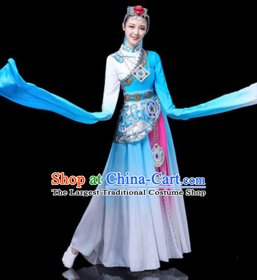 Chinese Traditional Ethnic Dance Costume Zang Nationality Stage Dance Blue Dress for Women