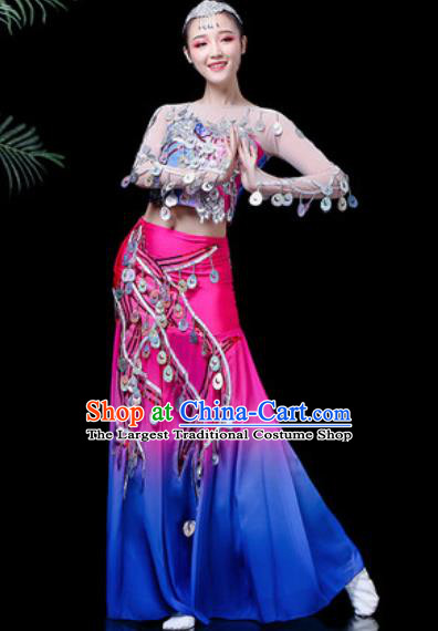 Chinese Traditional Ethnic Dance Costume Dai Nationality Peacock Dance Rosy Dress for Women