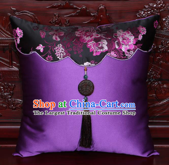 Chinese Classical Peony Pattern Jade Pendant Purple Brocade Square Cushion Cover Traditional Household Ornament