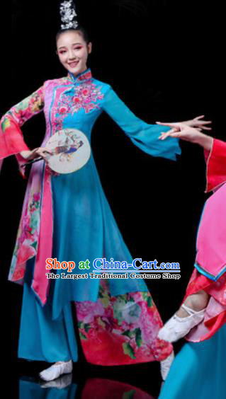 Traditional Chinese Classical Dance Costume Stage Performance Umbrella Dance Deep Blue Dress for Women