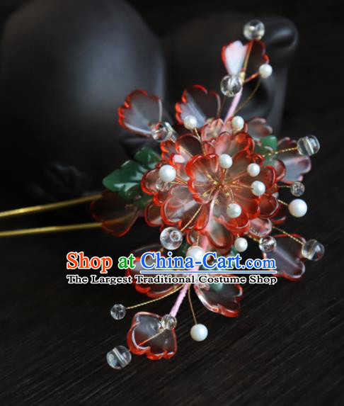 Chinese Ancient Palace Hair Accessories Traditional Classical Red Flowers Hairpins for Women