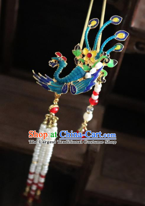 Chinese Ancient Palace Hair Accessories Traditional Classical Blueing Phoenix Tassel Hairpins for Women