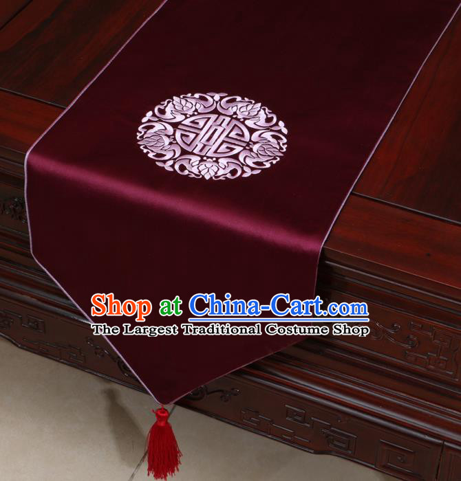 Chinese Classical Embroidered Wine Red Brocade Table Flag Traditional Satin Household Ornament Table Cover