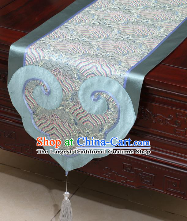 Chinese Classical Wave Pattern Blue Satin Table Flag Traditional Brocade Household Ornament Table Cover