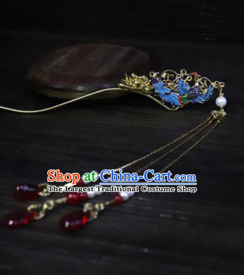 Chinese Ancient Palace Hair Accessories Traditional Classical Blueing Phoenix Tassel Hairpins for Women