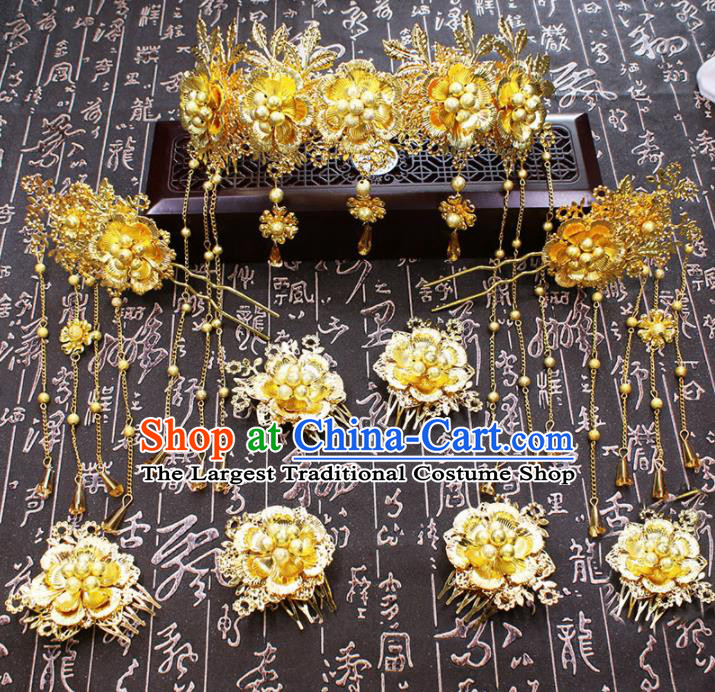 Chinese Ancient Wedding Hair Accessories Traditional Classical Golden Crown Tassel Hairpins for Women