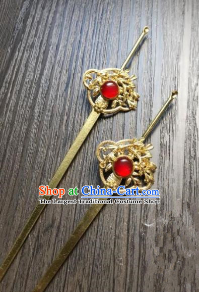 Chinese Ancient Princess Hair Accessories Traditional Red Gem Golden Hairpins for Women