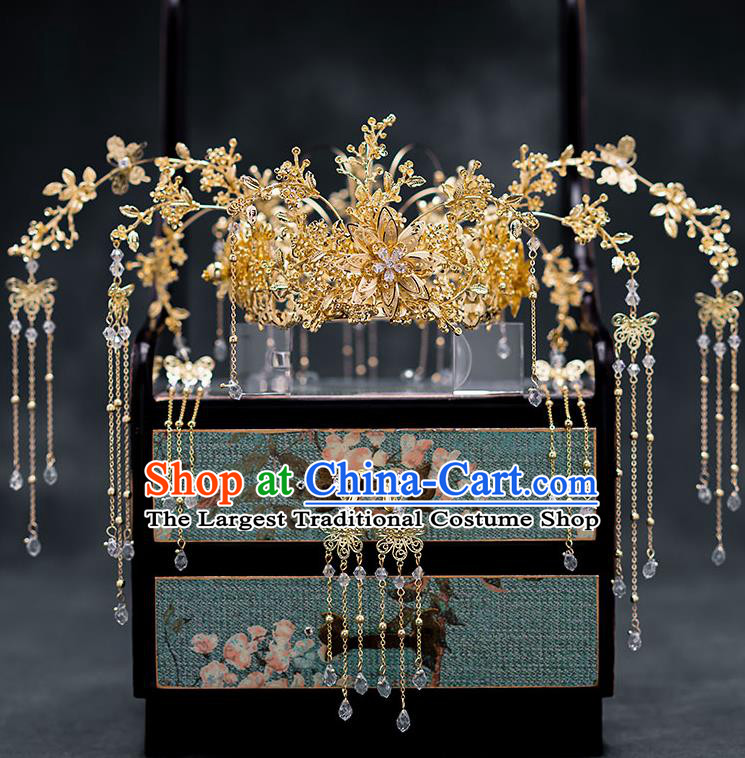 Chinese Ancient Hanfu Hair Accessories Traditional Wedding Golden Phoenix Coronet Hairpins for Women