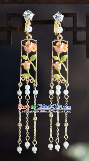 Chinese Ancient Hanfu Jewelry Accessories Traditional Wedding Pink Flowers Earrings for Women