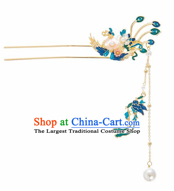 Chinese Ancient Hanfu Wedding Hair Accessories Traditional Blueing Phoenix Tassel Hairpins for Women