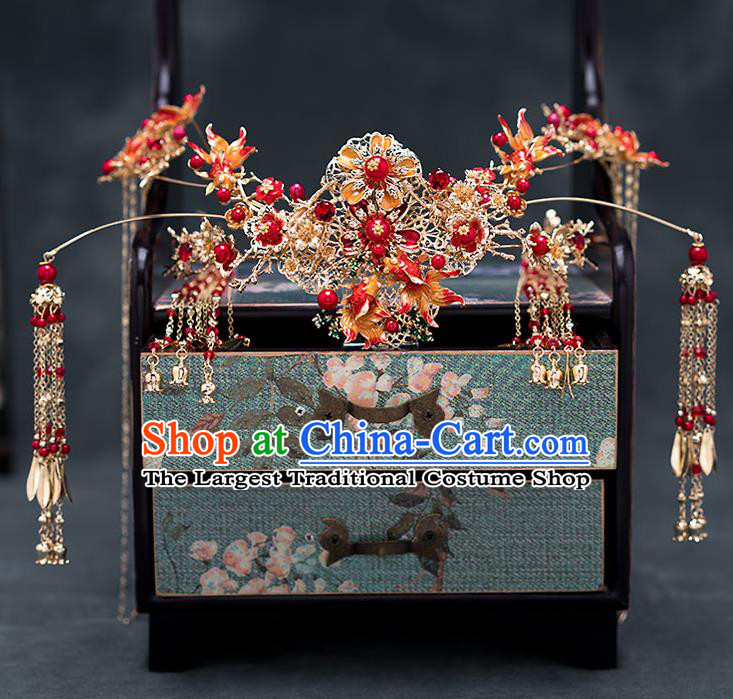 Chinese Ancient Wedding Hair Accessories Traditional Bride Hanfu Tassel Hairpins Phoenix Coronet for Women