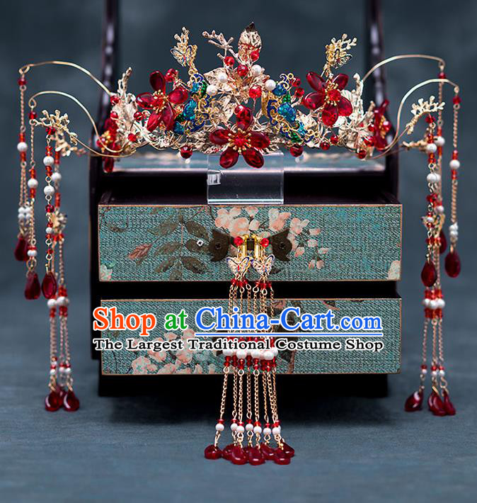 Chinese Ancient Wedding Hair Accessories Traditional Bride Hanfu Tassel Hairpins Blueing Phoenix Coronet for Women