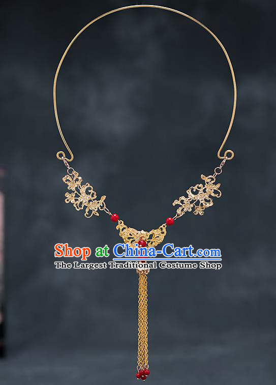 Chinese Ancient Bride Hanfu Jewelry Accessories Traditional Golden Tassel Necklace for Women