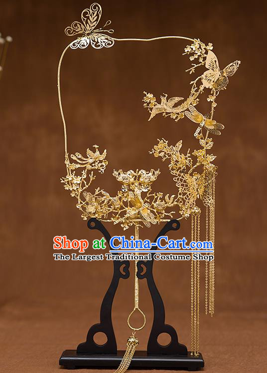 Chinese Ancient Bride Accessories Traditional Wedding Classical Golden Butterfly Palace Fans for Women