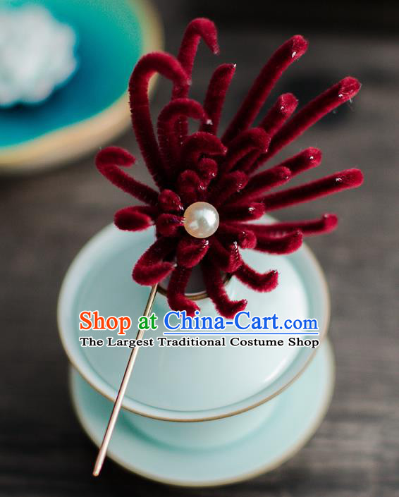 Chinese Ancient Queen Hair Accessories Traditional Hanfu Wine Red Chrysanthemum Hairpins for Women