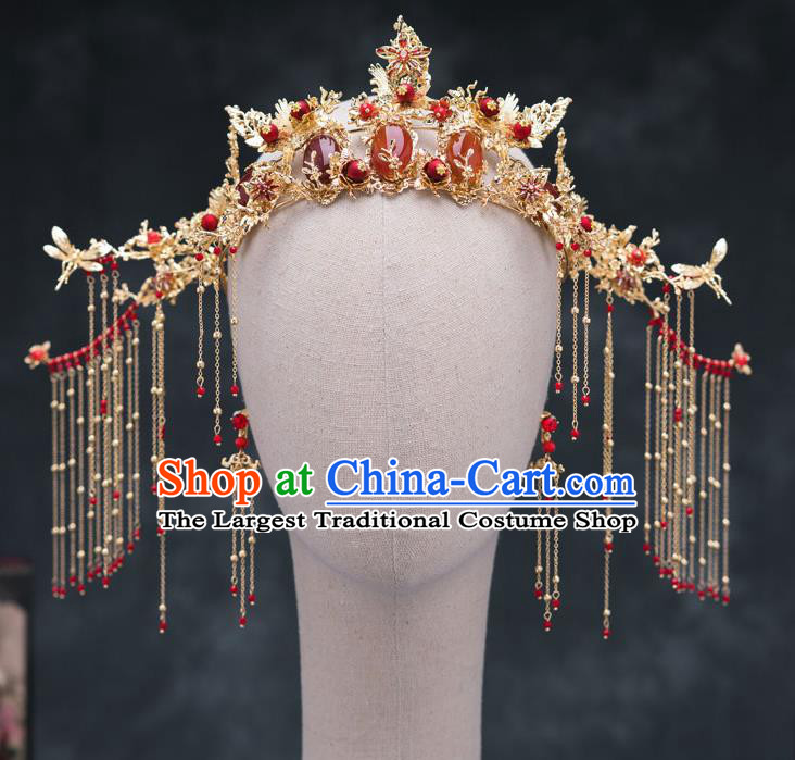 Chinese Ancient Bride Hair Accessories Wedding Agate Phoenix Coronet Traditional Hanfu Hairpins for Women