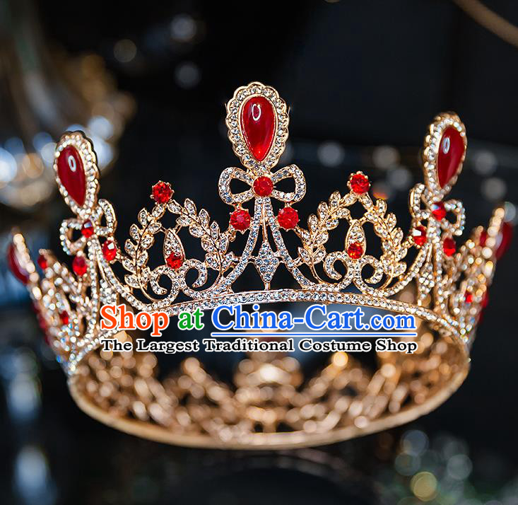 Handmade Wedding Bride Hair Accessories Baroque Red Crystal Royal Crown for Women