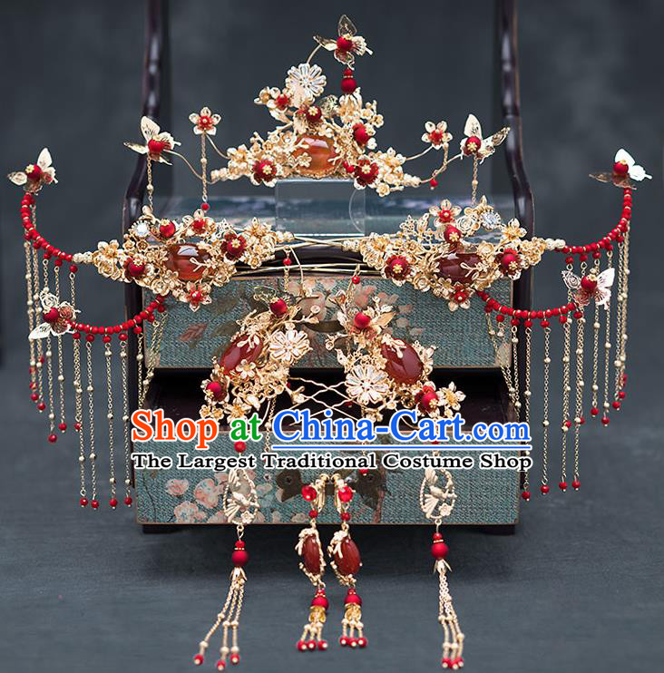 Chinese Ancient Bride Agate Hair Accessories Traditional Wedding Hanfu Hairpins Complete Set for Women