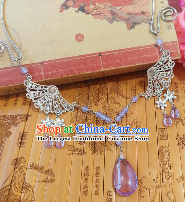 Chinese Ancient Bride Hanfu Accessories Traditional Palace Lilac Crystal Necklace for Women