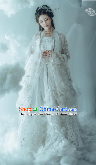 Traditional Chinese Tang Dynasty Princess Replica Costumes Ancient Peri White Hanfu Dress for Women