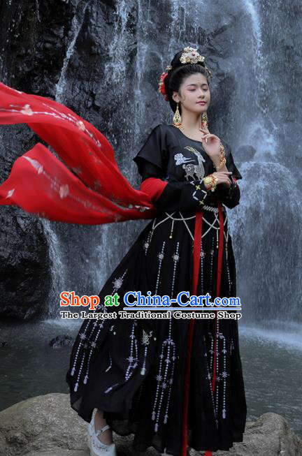 Traditional Chinese Tang Dynasty Palace Lady Replica Costumes Ancient Drama Peri Black Hanfu Dress for Women