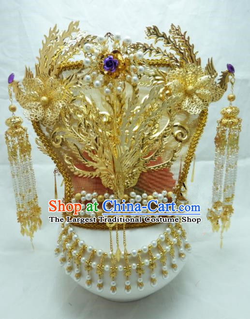 Chinese Ancient Hair Accessories Queen Golden Phoenix Coronet Traditional Palace Hairpins for Women