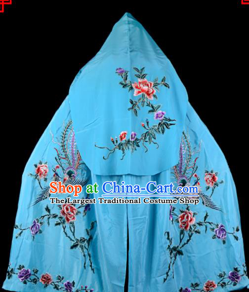 Professional Chinese Traditional Beijing Opera Swordswomen Costume Embroidered Blue Cloak for Adults