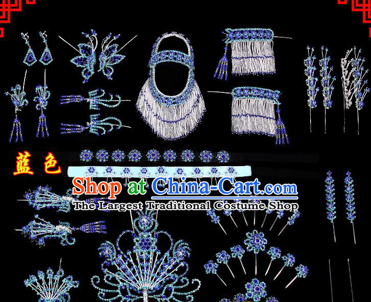 Chinese Beijing Opera Diva Hair Accessories Ancient Princess Blue Hairpins Complete Set for Women