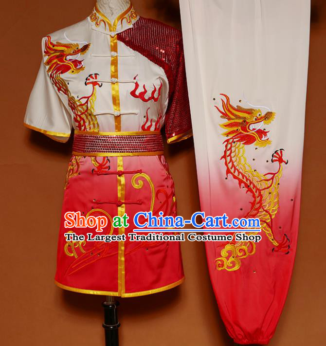 Top Group Kung Fu Costume Martial Arts Gongfu Training Uniform Embroidered Dragon Tai Ji Red Clothing for Women