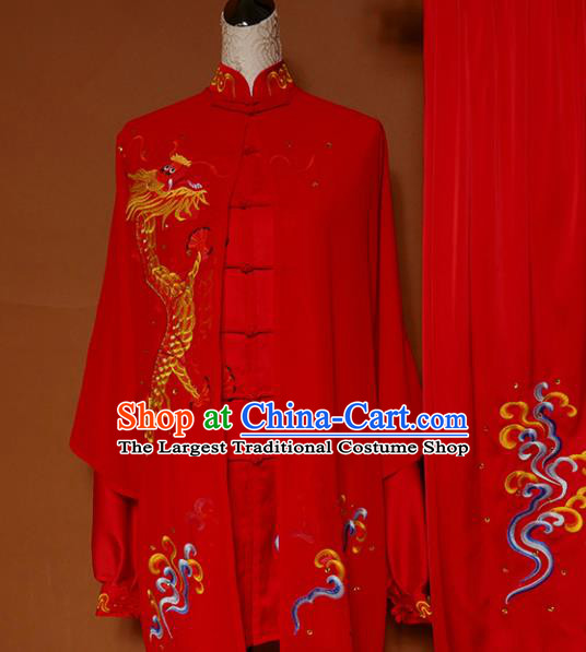 Top Grade Kung Fu Costume Martial Arts Training Tai Ji Embroidered Dragon Red Uniform for Adults