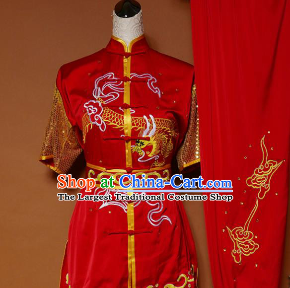 Top Kung Fu Group Competition Costume Martial Arts Wushu Training Embroidered Dragon Red Uniform for Men