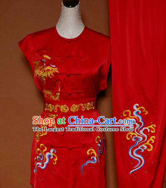 Top Kung Fu Group Competition Costume Martial Arts Wushu Training Embroidered Dragon Red Uniform for Men