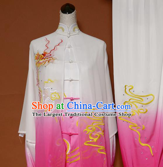 Top Grade Kung Fu Costume Martial Arts Training Tai Ji Embroidered Dragon Pink Uniform for Adults