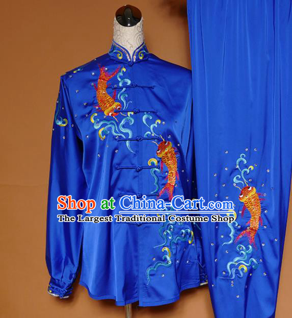 Top Group Kung Fu Costume Martial Arts Gongfu Training Uniform Tai Ji Embroidered Royalblue Clothing for Women