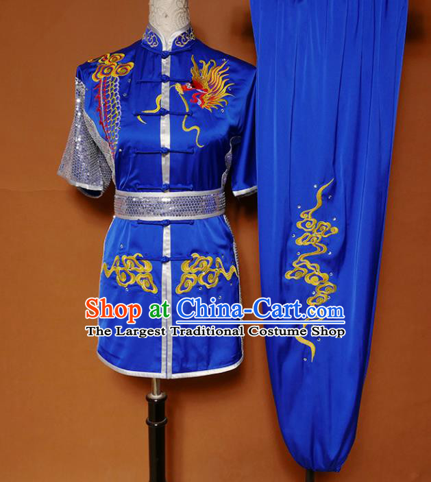 Top Kung Fu Competition Costume Group Martial Arts Training Embroidered Dragon Royalblue Uniform for Men