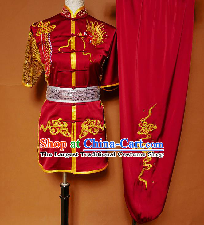 Top Kung Fu Competition Costume Group Martial Arts Training Embroidered Dragon Red Uniform for Men