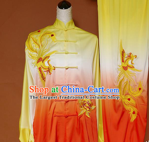 Top Group Kung Fu Costume Tai Ji Training Embroidered Phoenix Orange Uniform Clothing for Women