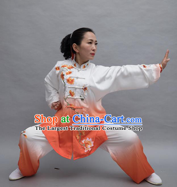 Top Tai Ji Training Embroidered Orange Uniform Kung Fu Group Competition Costume for Women