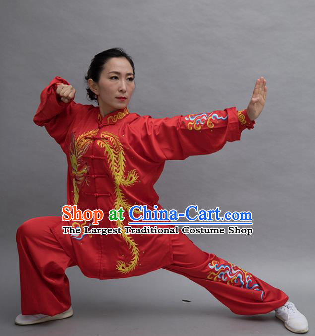 Top Tai Ji Training Embroidered Phoenix Red Uniform Kung Fu Group Competition Costume for Women